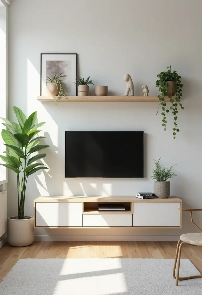 25+ Small Living Room TV Wall Ideas to Maximize Space 1 25+ Small Living Room TV Wall Ideas to Maximize Space - 1. Floating Shelves for an Airy Feel