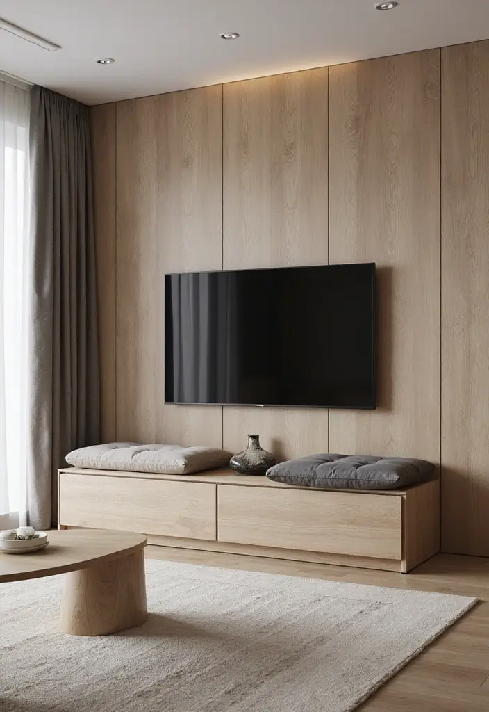 25+ Small Living Room TV Wall Ideas to Maximize Space 70 25+ Small Living Room TV Wall Ideas to Maximize Space - 12. Simple Bench Seating