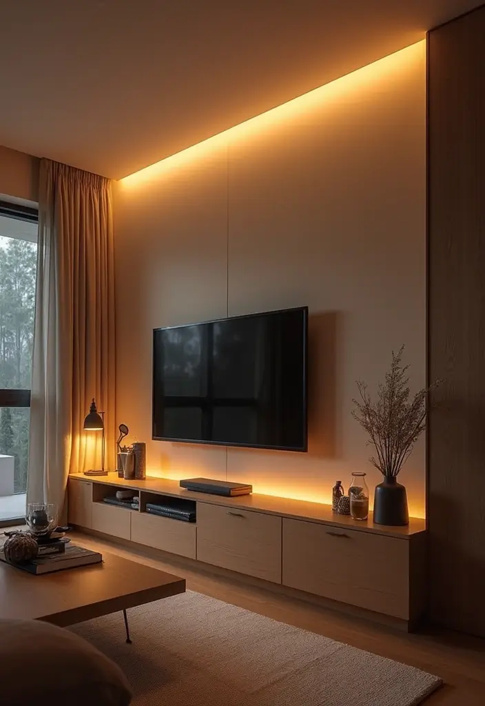 25+ Small Living Room TV Wall Ideas to Maximize Space 77 25+ Small Living Room TV Wall Ideas to Maximize Space - 13. Soft Lighting Solutions