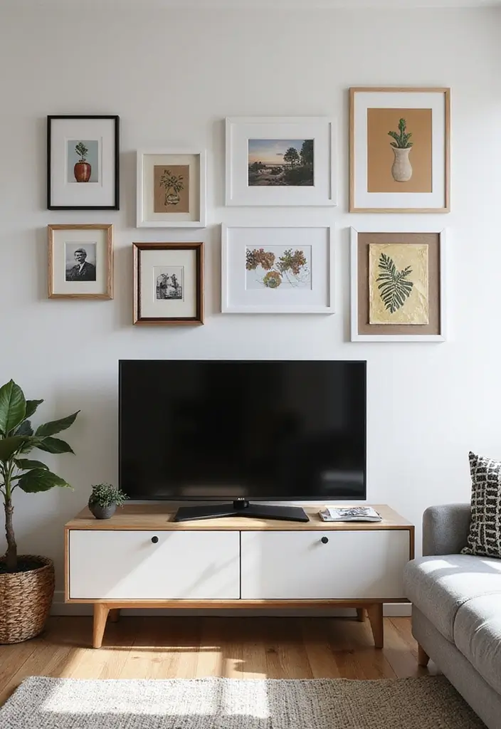 25+ Small Living Room TV Wall Ideas to Maximize Space 84 25+ Small Living Room TV Wall Ideas to Maximize Space - 14. Minimal Frame Gallery Wall