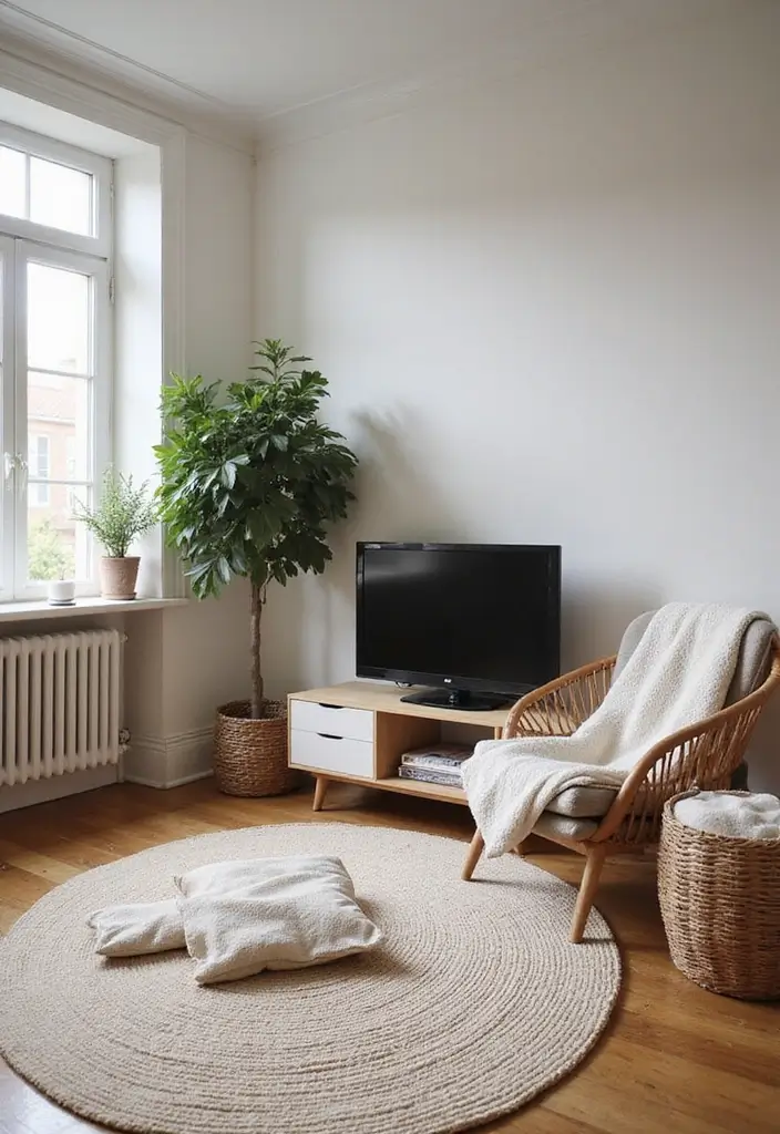 25+ Small Living Room TV Wall Ideas to Maximize Space 144 25+ Small Living Room TV Wall Ideas to Maximize Space - 24. Minimalist Textiles