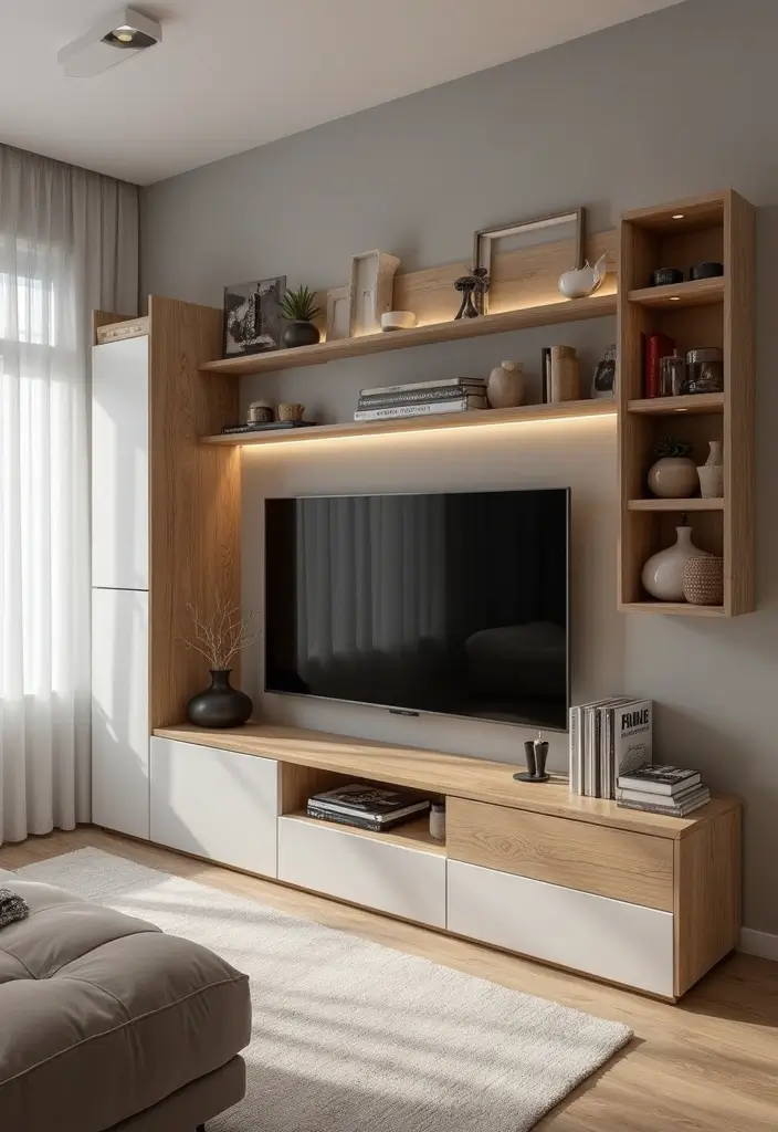 25+ Small Living Room TV Wall Ideas to Maximize Space 15 25+ Small Living Room TV Wall Ideas to Maximize Space - 3. Dual-Function Entertainment Center