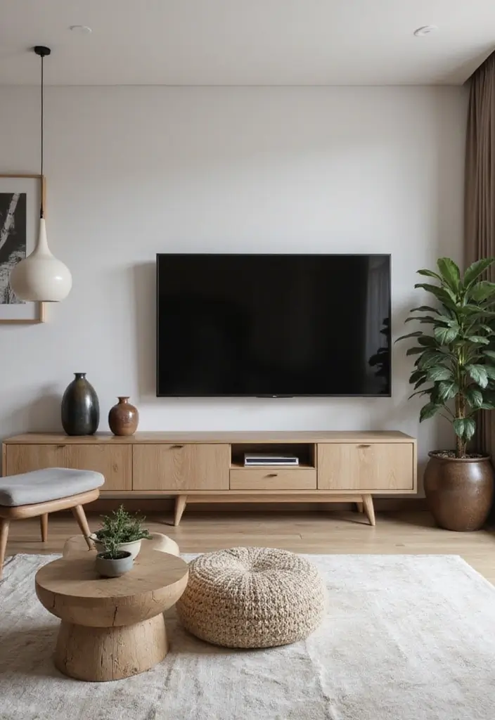 25+ Small Living Room TV Wall Ideas to Maximize Space 36 25+ Small Living Room TV Wall Ideas to Maximize Space - 6. Console Table with Integrated Storage