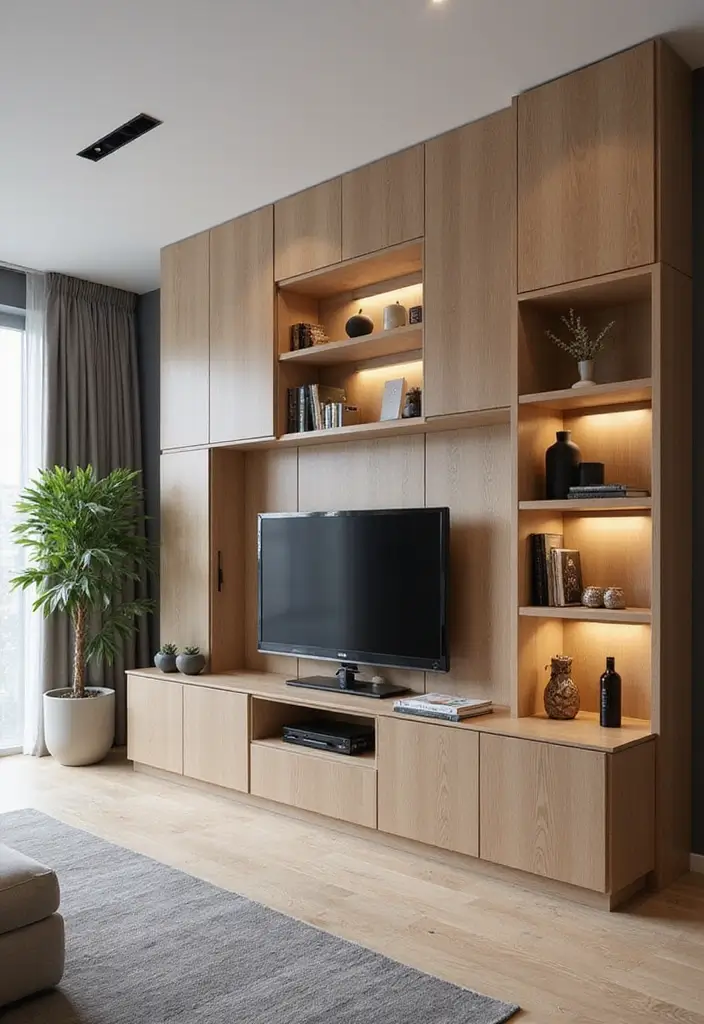 25+ Small Living Room TV Wall Ideas to Maximize Space 51 25+ Small Living Room TV Wall Ideas to Maximize Space - 9. Multi-Use Room Divider