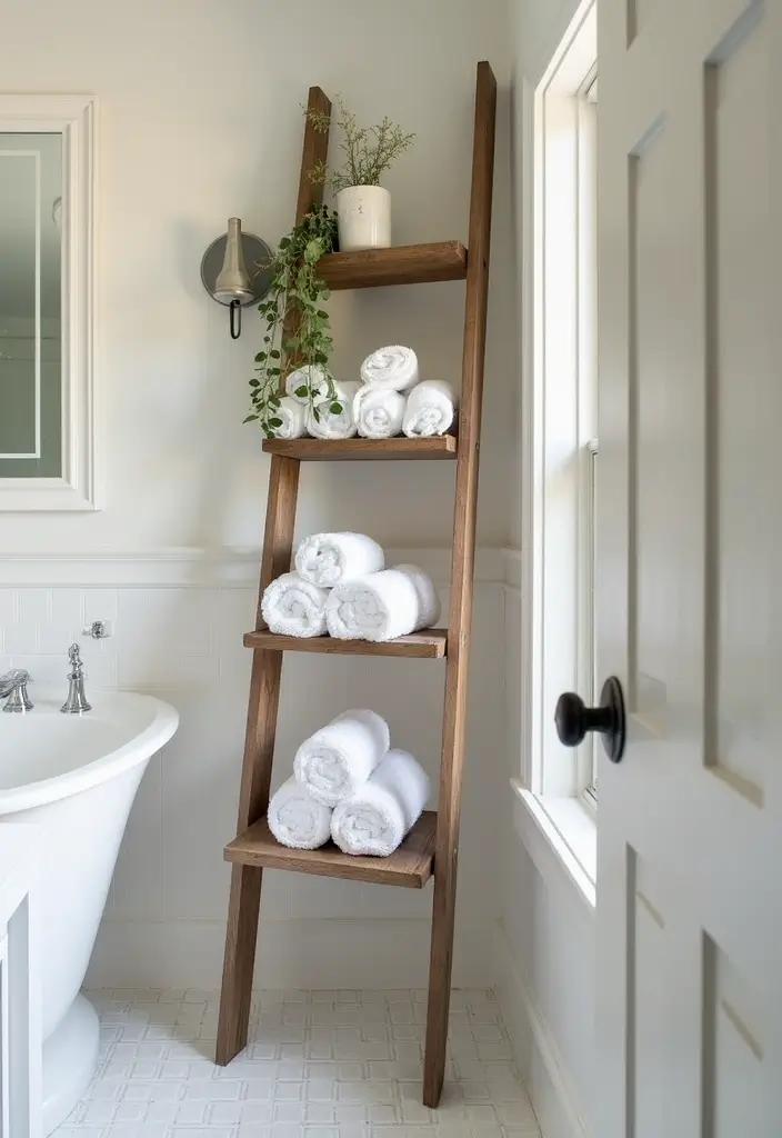 25+ Smart Storage Ideas to Organize Every Corner of Your Home - 15. Bathroom Ladder Shelf