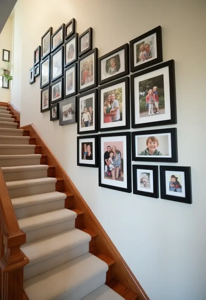 25+ Staircase Picture Wall Ideas That Tell Your Family Story - 1. Classic Grid Arrangement