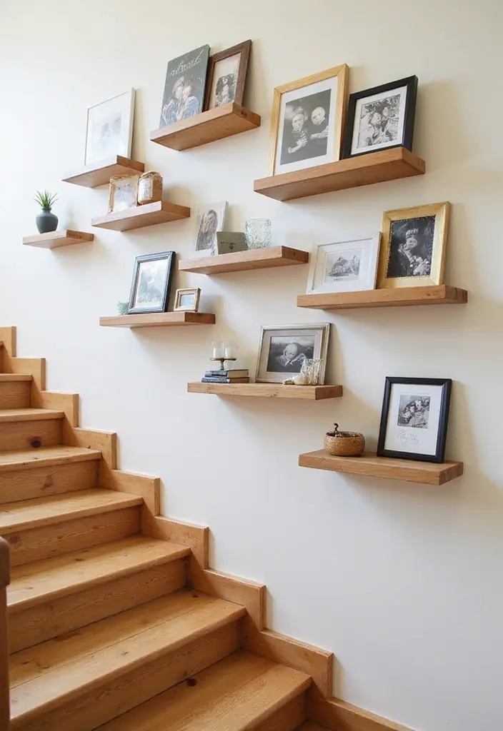 25+ Staircase Picture Wall Ideas That Tell Your Family Story - 10. Floating Shelves with Family Treasures