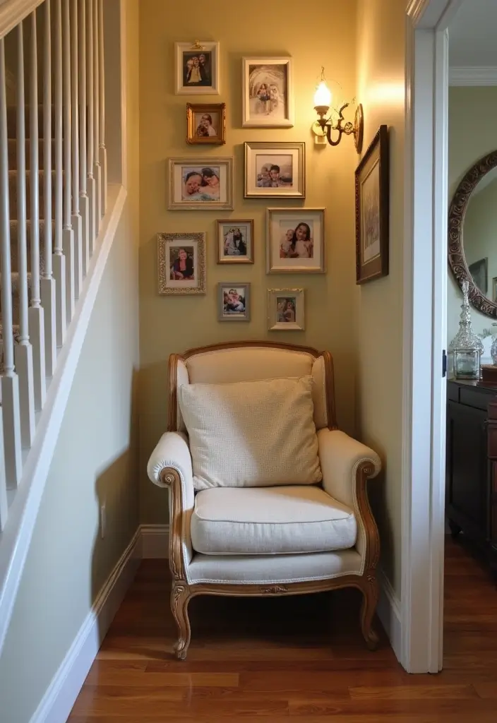 25+ Staircase Picture Wall Ideas That Tell Your Family Story - 16. Corner Photo Nook