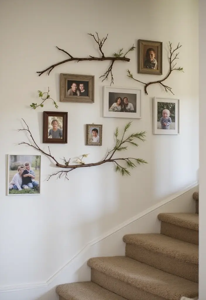 25+ Staircase Picture Wall Ideas That Tell Your Family Story - 19. Nature-Inspired Display