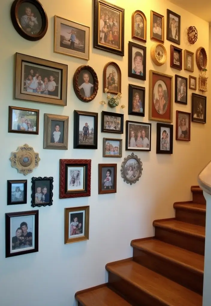 25+ Staircase Picture Wall Ideas That Tell Your Family Story - 2. Lively Collage of Memories
