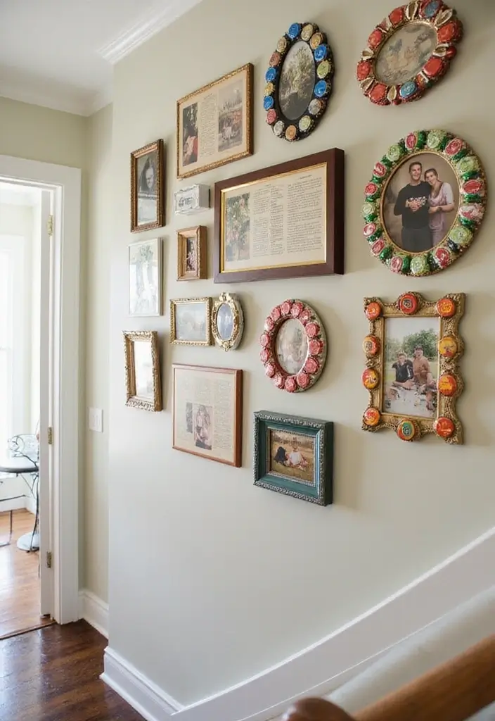 25+ Staircase Picture Wall Ideas That Tell Your Family Story - 21. Recycled Materials Art