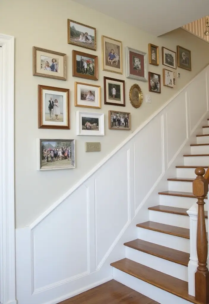 25+ Staircase Picture Wall Ideas That Tell Your Family Story - 23. Gallery Ledge with Rotating Display