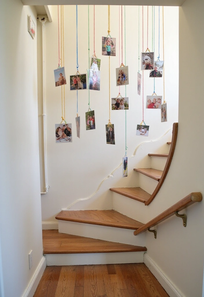25+ Staircase Picture Wall Ideas That Tell Your Family Story - 24. Whimsical Hanging Photo Display