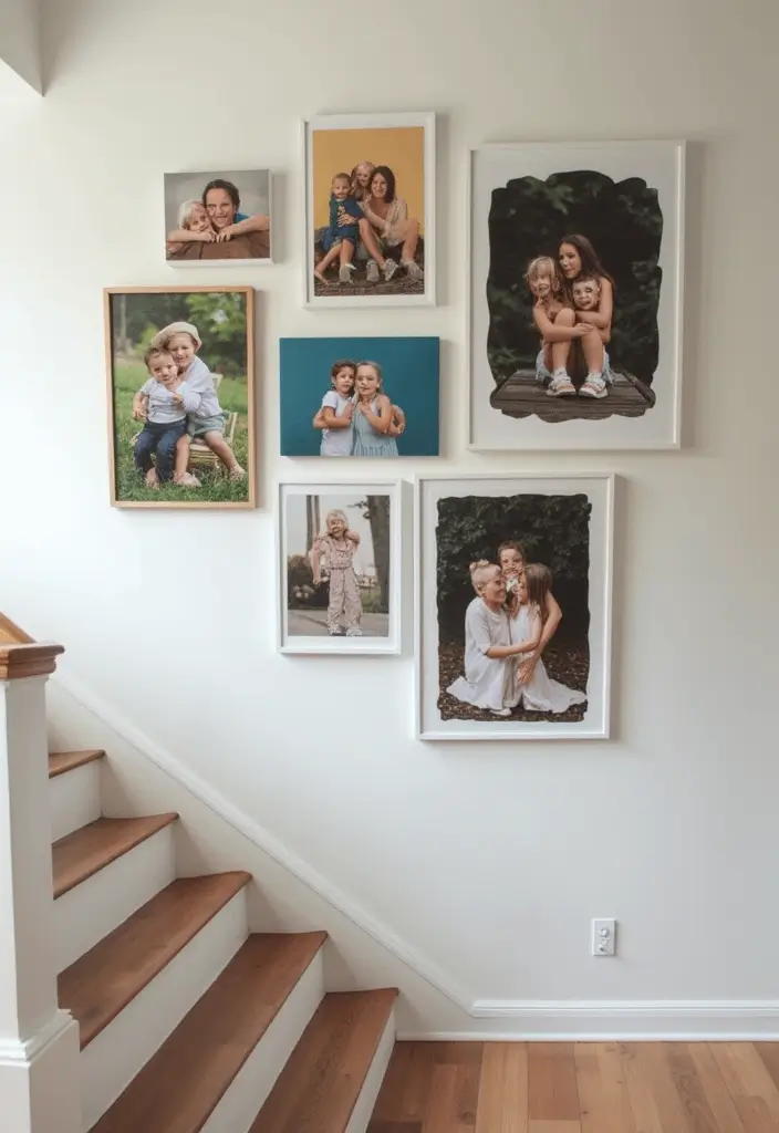 25+ Staircase Picture Wall Ideas That Tell Your Family Story - 5. DIY Art from Family Photos