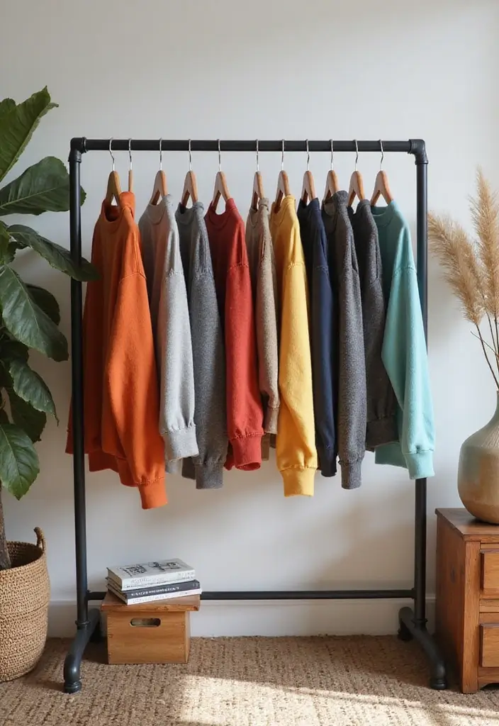 25+ Sweatshirt Storage Ideas for a Neat and Cozy Closet - 15. Use a Clothing Rack