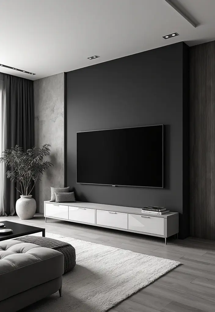 25+ TV Wall Ideas That Make a Stunning Focal Point 65 25+ TV Wall Ideas That Make a Stunning Focal Point - 11. Minimalist Monochrome