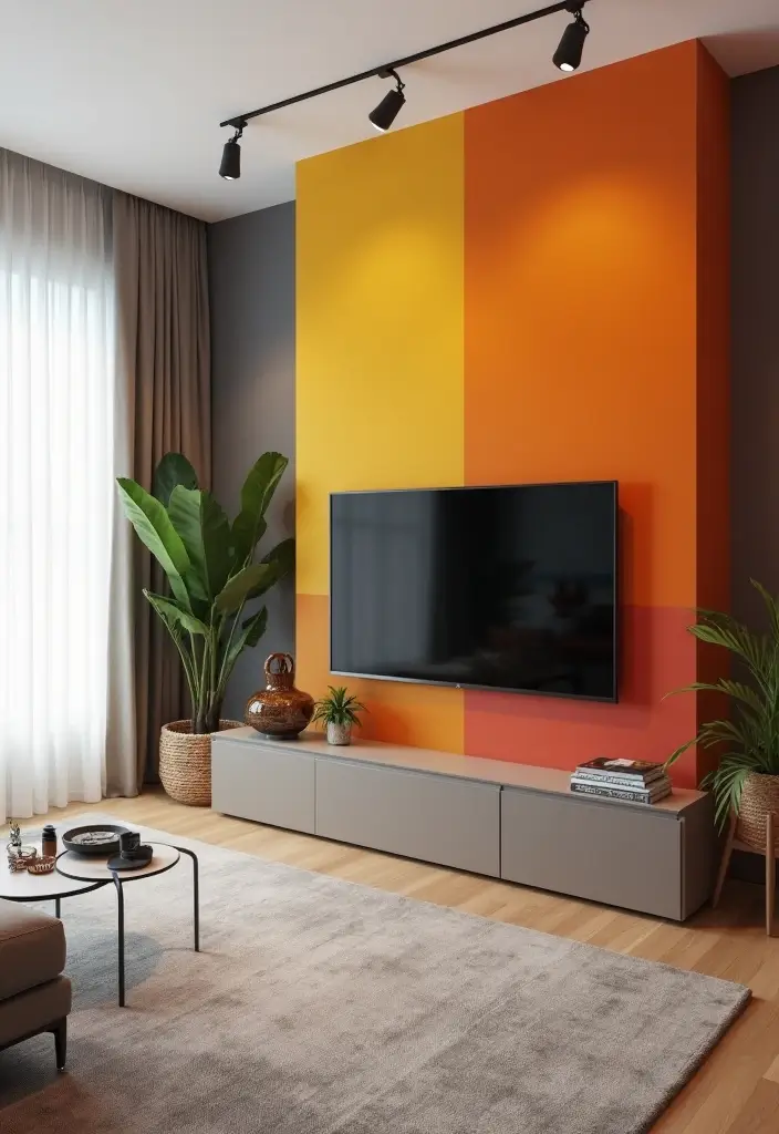 25+ TV Wall Ideas That Make a Stunning Focal Point 29 25+ TV Wall Ideas That Make a Stunning Focal Point - 5. Color-Blocked Feature Wall