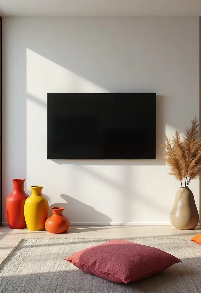 25+ TV Wall Ideas That Make a Stunning Focal Point 55 25+ TV Wall Ideas That Make a Stunning Focal Point - 9. Pop of Color with Accessories