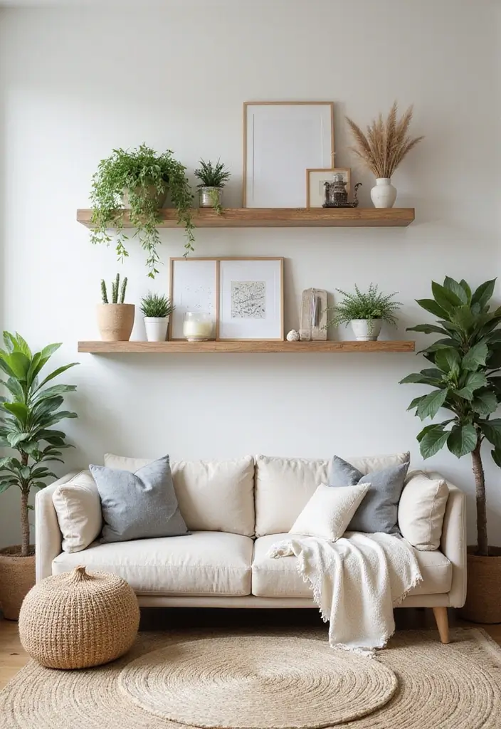 25+ Wall Ideas for Living Rooms That Transform Your Space - 8. Floating Shelves with Greenery