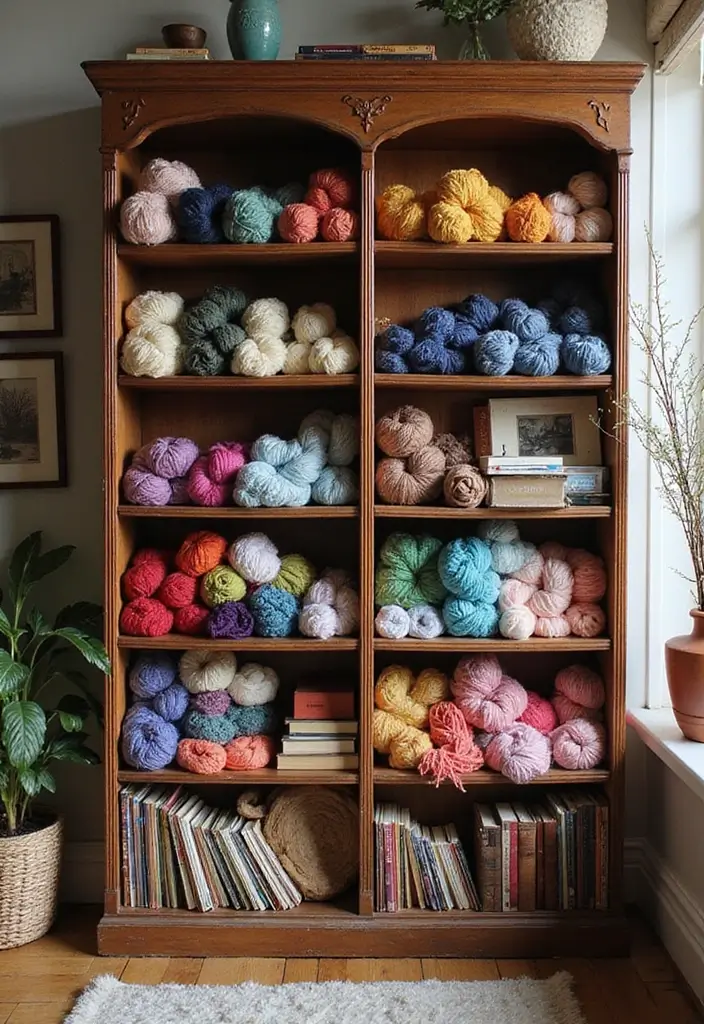 25+ Yarn Storage Ideas for Knitters and Crafters - 12. Old Bookshelves for Yarn Display