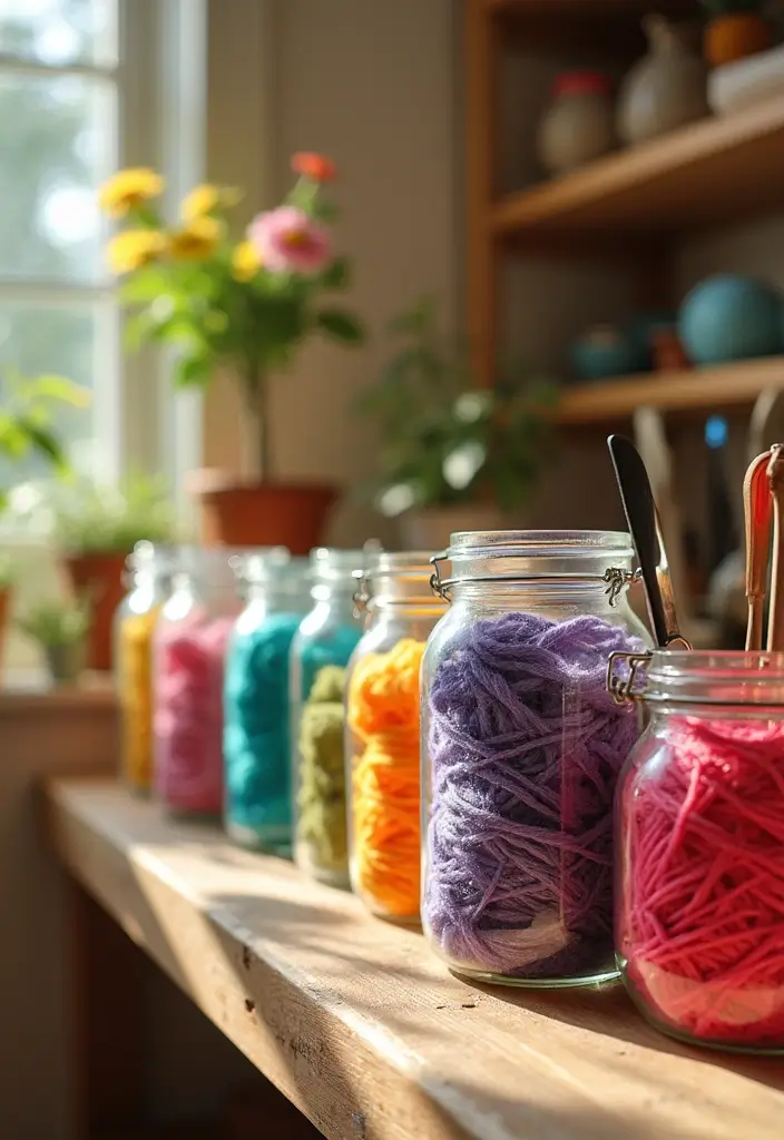 25+ Yarn Storage Ideas for Knitters and Crafters - 2. Glass Jars for Color Pop
