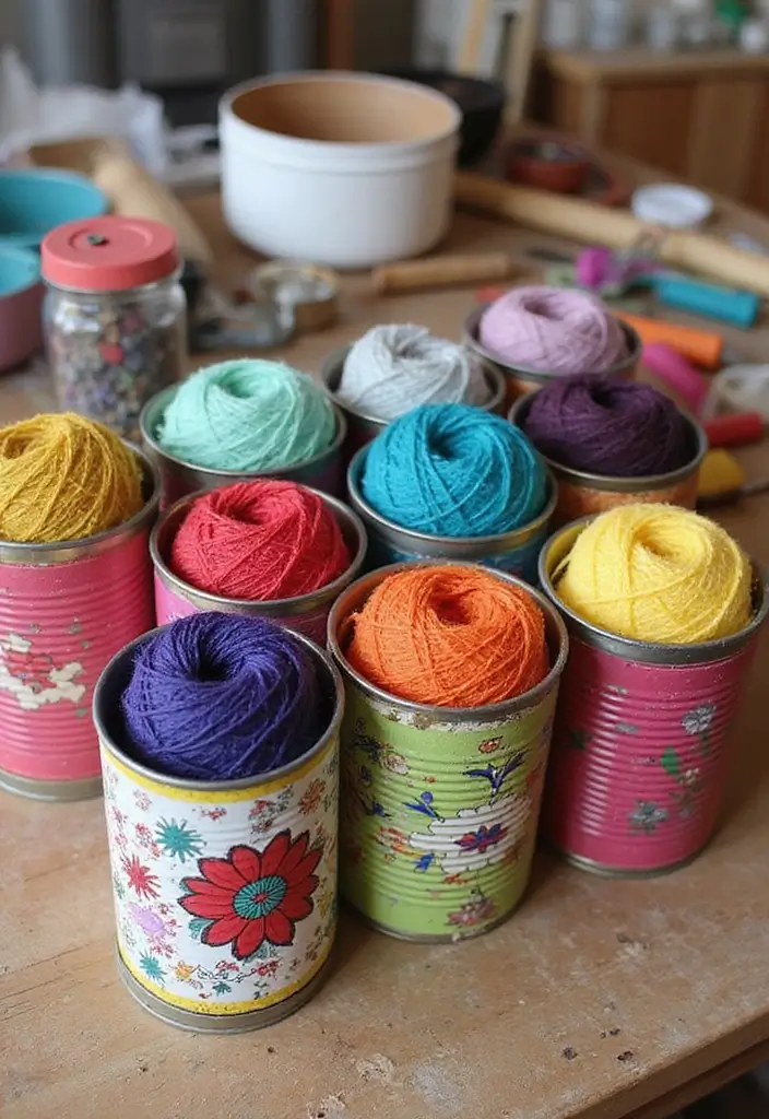 25+ Yarn Storage Ideas for Knitters and Crafters - 3. Upcycled Tin Cans
