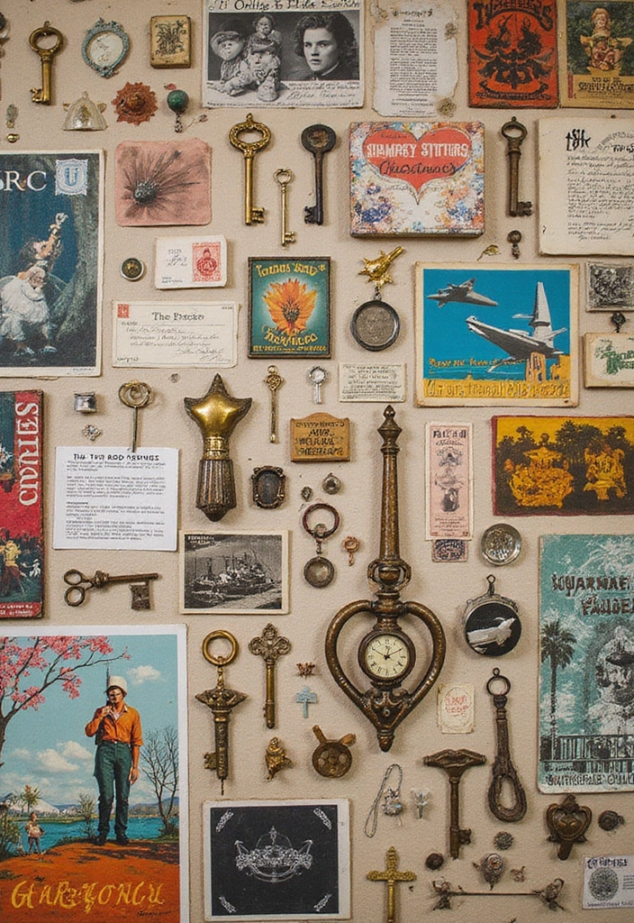 30 Aesthetic Poster Wall Ideas for Trendy Home Decor - 17. Artistic Collage with Found Objects