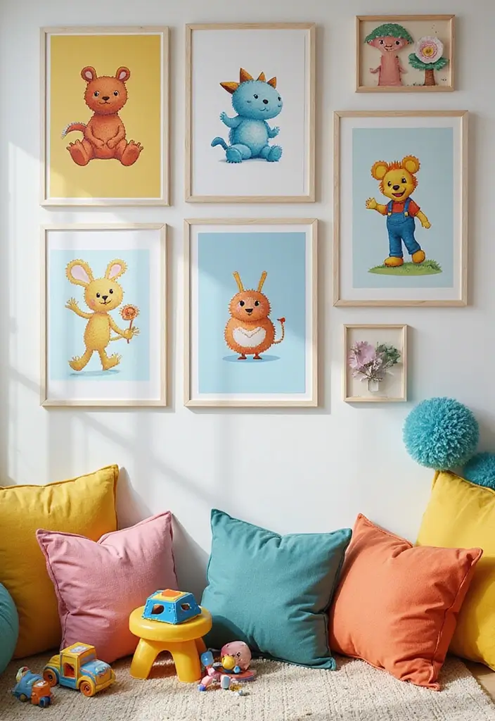 30 Aesthetic Poster Wall Ideas for Trendy Home Decor - 9. Whimsical Art Kids’ Corner