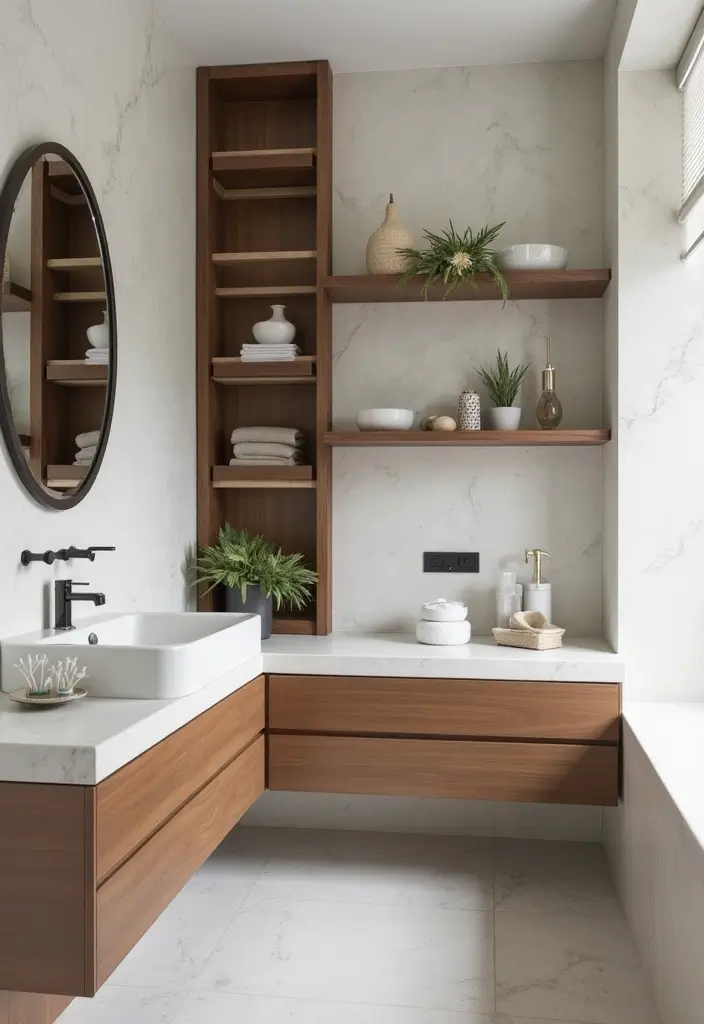 30 Bathroom Cabinet Storage Ideas for a Clutter-Free Look - 1. Floating Shelves with Hidden Storage
