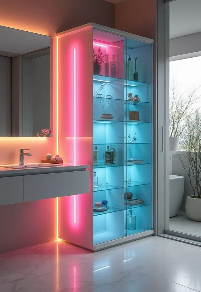 30 Bathroom Cabinet Storage Ideas for a Clutter-Free Look - 14. Colorful Glass Cabinets