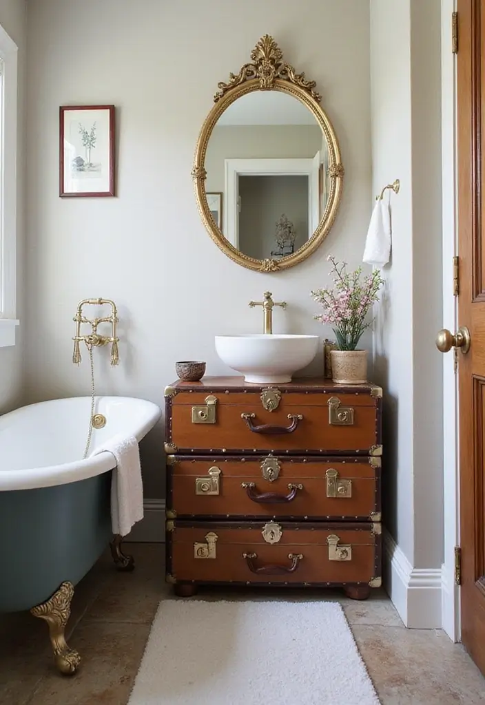 30 Bathroom Cabinet Storage Ideas for a Clutter-Free Look - 28. Vintage Suitcases for Storage