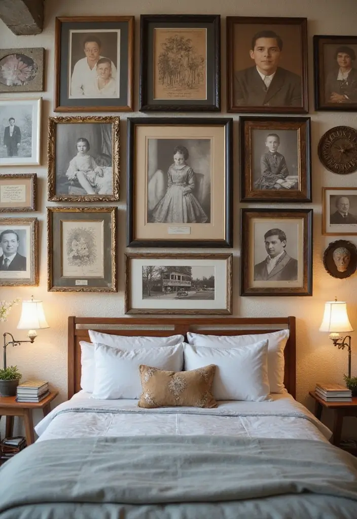 30 Bedroom Picture Wall Ideas for a Cozy Dreamy Vibe - 10. Family Heritage Display