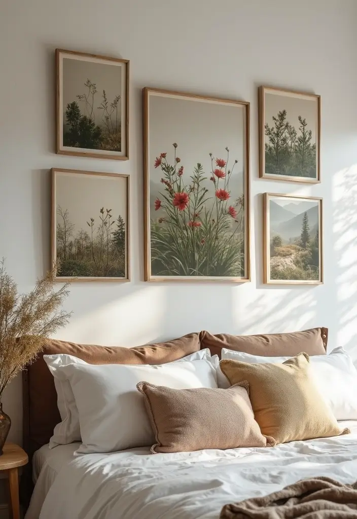 30 Bedroom Picture Wall Ideas for a Cozy Dreamy Vibe - 18. Nature Inspirations