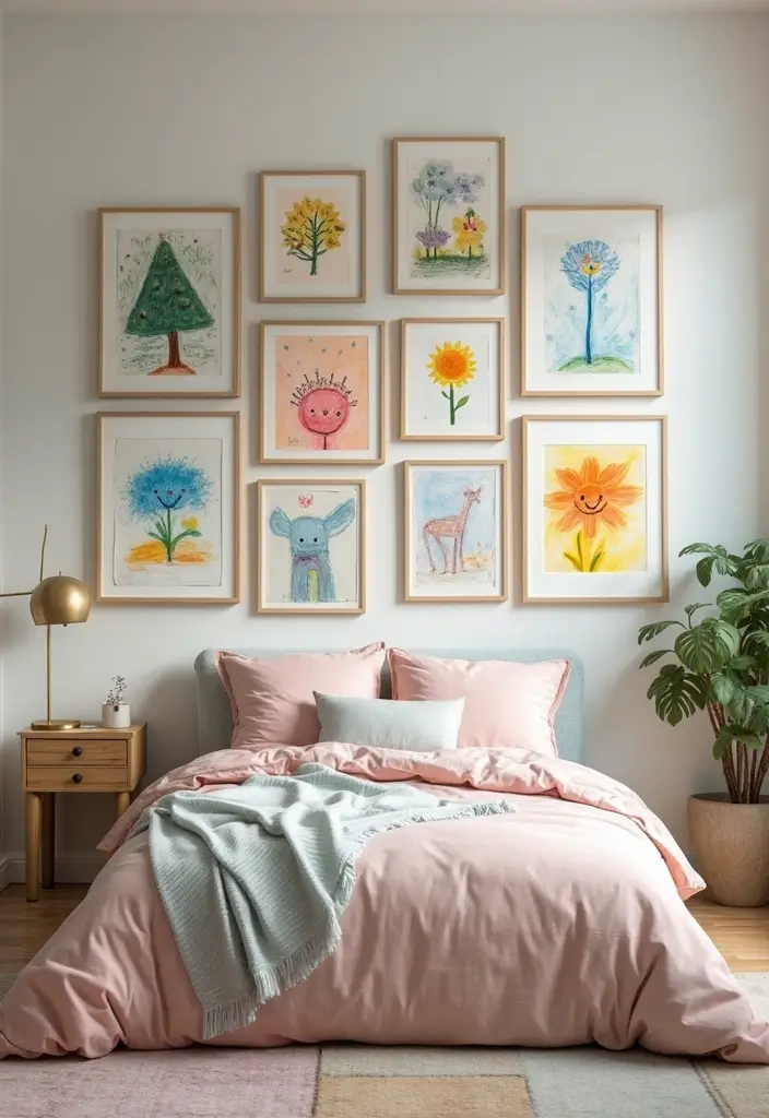 30 Bedroom Picture Wall Ideas for a Cozy Dreamy Vibe - 19. Kids’ Art Display