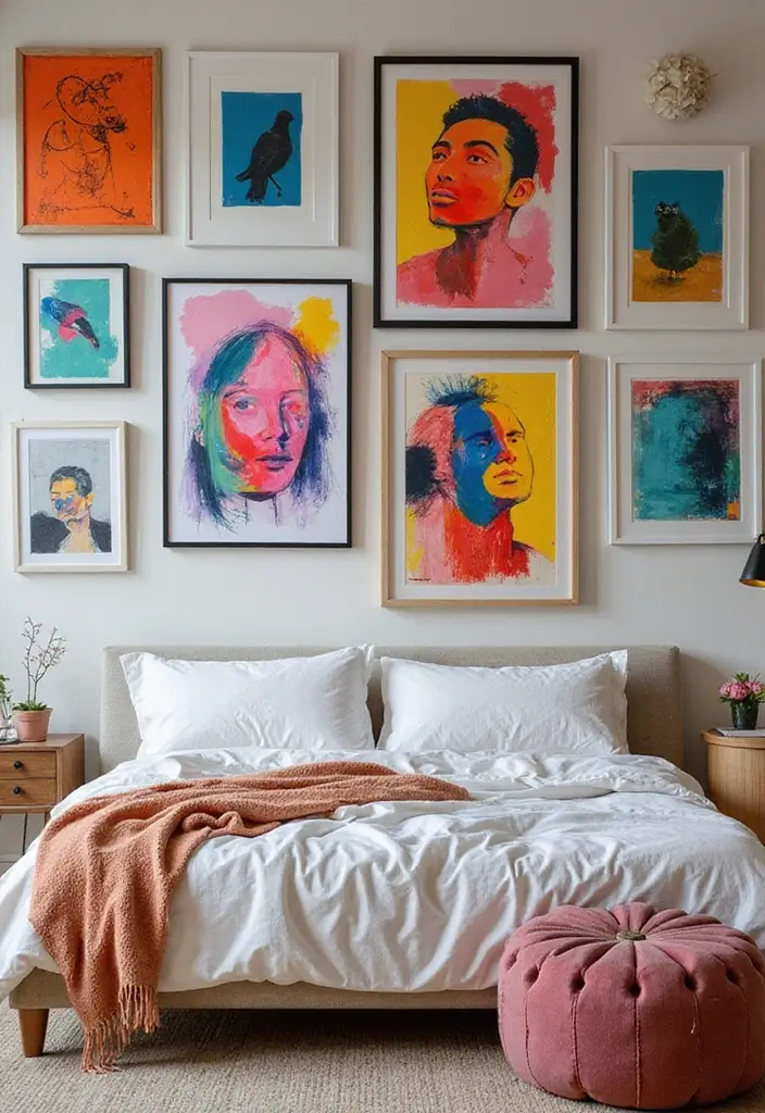 30 Bedroom Picture Wall Ideas for a Cozy Dreamy Vibe - 22. Colorful Abstracts