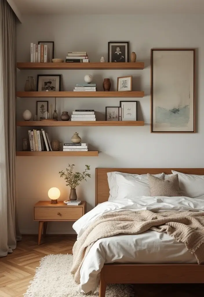 30 Bedroom Picture Wall Ideas for a Cozy Dreamy Vibe - 24. Floating Shelves