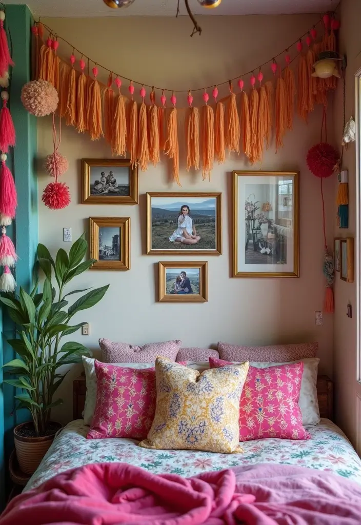 30 Bedroom Picture Wall Ideas for a Cozy Dreamy Vibe - 27. Colorful Fringes