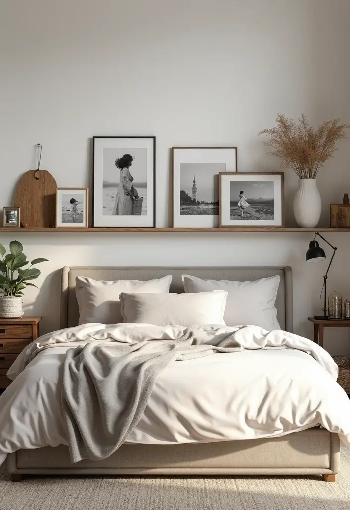 30 Bedroom Picture Wall Ideas for a Cozy Dreamy Vibe - 3. Gallery Ledge