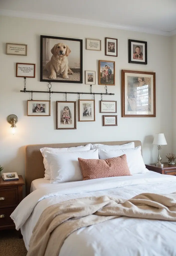 30 Bedroom Picture Wall Ideas for a Cozy Dreamy Vibe - 5. Personal Story Timeline