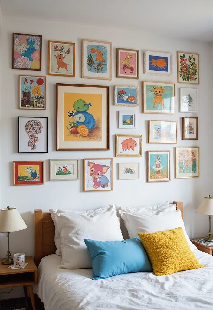 30 Bedroom Picture Wall Ideas for a Cozy Dreamy Vibe - 7. Whimsical Gallery
