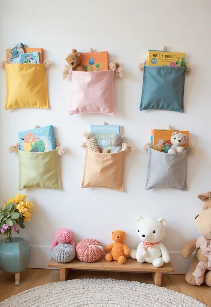 30 Book Storage Ideas Beyond the Traditional Bookshelf - 16. Fabric Book Hangers for Kids’ Rooms