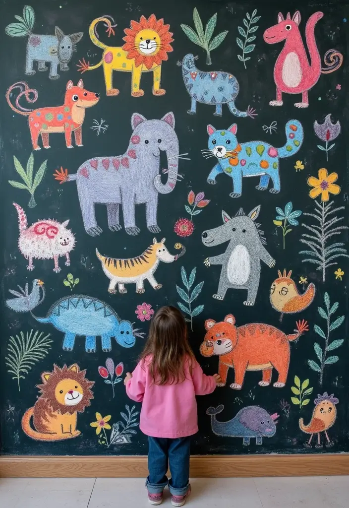 30 Chalk Wall Ideas for Creative and Interactive Decor 11. Whimsical Animal Kingdom