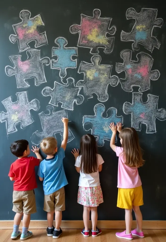 30 Chalk Wall Ideas for Creative and Interactive Decor 7. Artistic Puzzle Wall