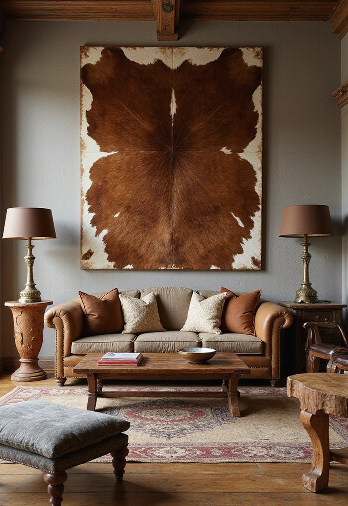 30 Cowhide Wall Ideas for a Bold Western Touch - 1. Classic Cowhide Panels