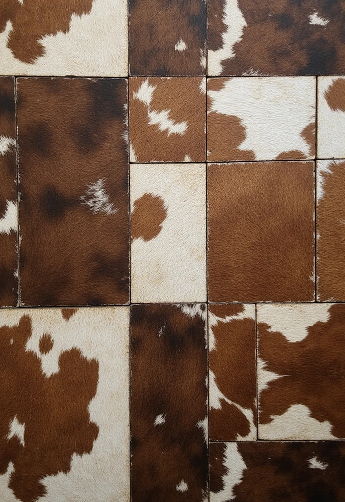 30 Cowhide Wall Ideas for a Bold Western Touch - 10. Layered Cowhide Panels