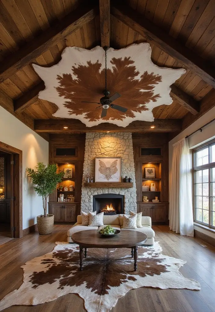 30 Cowhide Wall Ideas for a Bold Western Touch - 11. Cowhide on Ceilings
