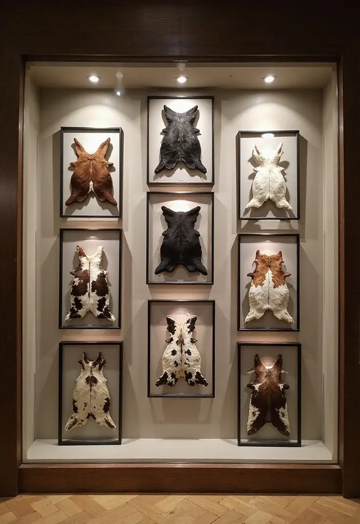 30 Cowhide Wall Ideas for a Bold Western Touch - 12. Cowhide Showcase Behind Glass