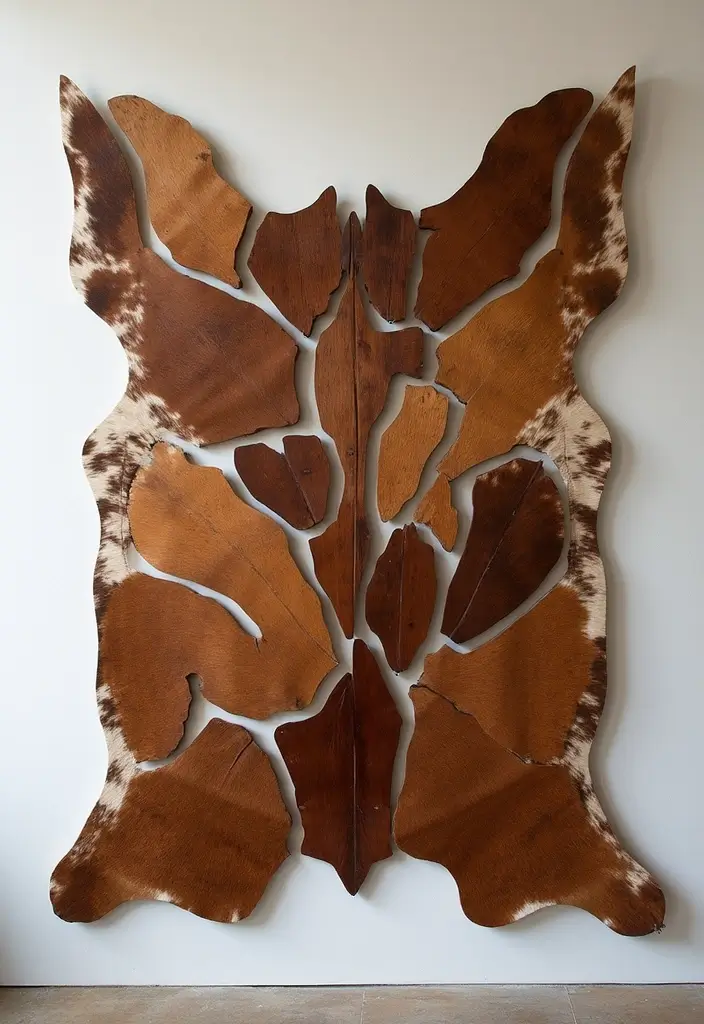 30 Cowhide Wall Ideas for a Bold Western Touch - 13. Artistic Cowhide Installations