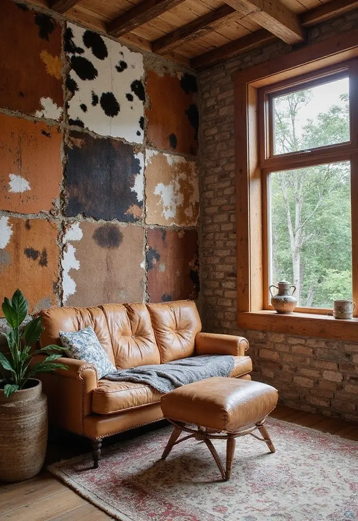 30 Cowhide Wall Ideas for a Bold Western Touch - 14. Patchwork Cowhide Creations