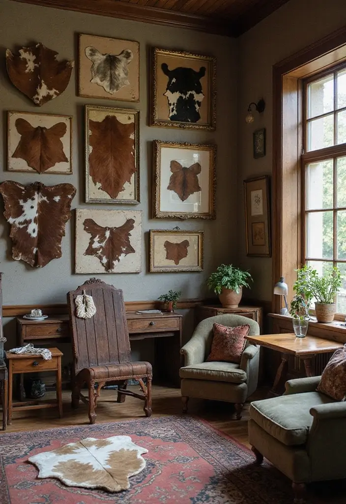 30 Cowhide Wall Ideas for a Bold Western Touch - 15. Vintage Cowhide Finds